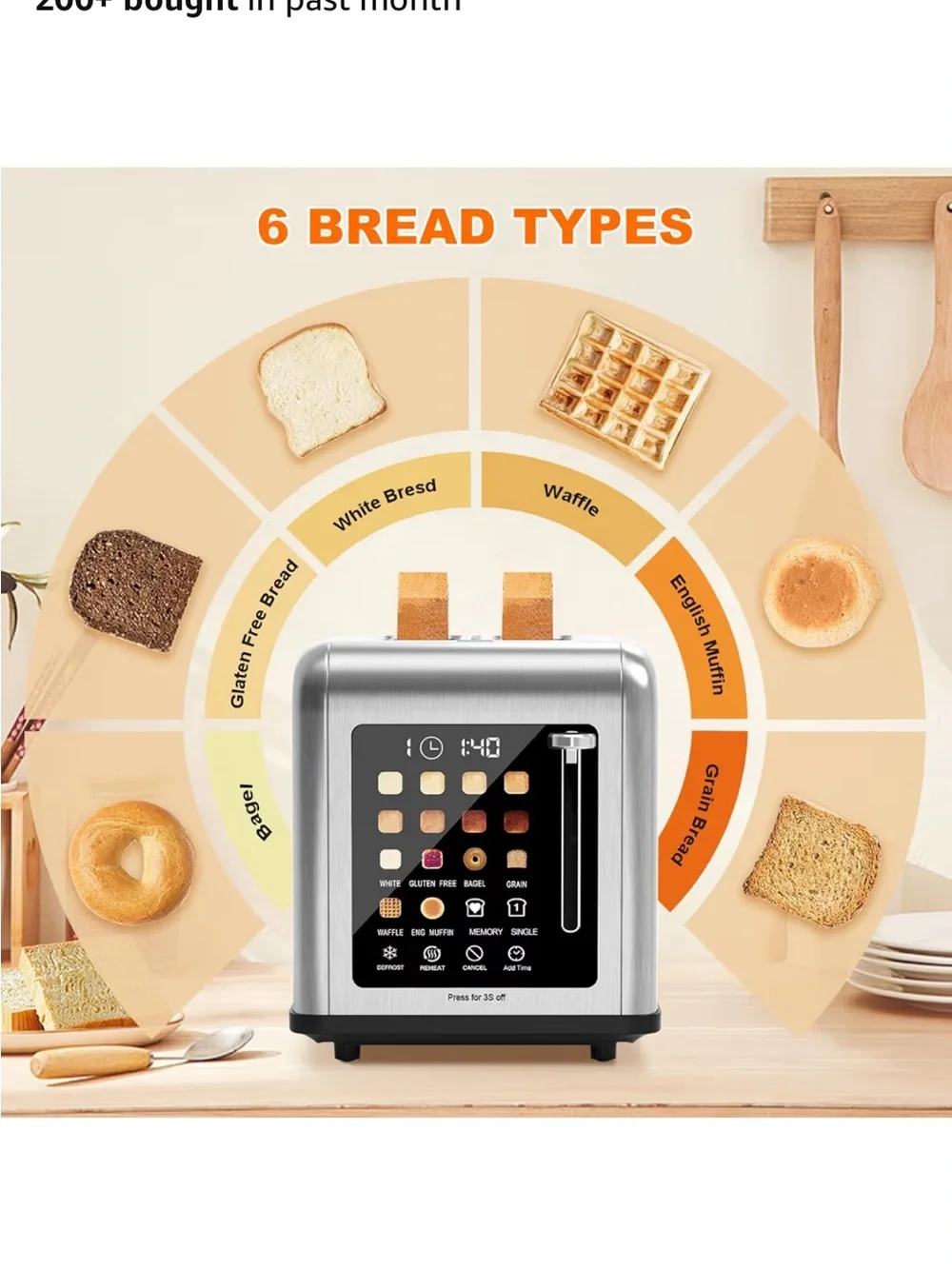 Brushed Stainless Steel 2-Slice Digital Toaster with Touch Controls